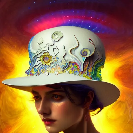 Image similar to An extremely psychedelic celestial white fedora hat, colorful, surreal, dramatic lighting, magic mushrooms, psilocybin, LSD, face, detailed, intricate, elegant, highly detailed, digital painting, artstation, concept art, smooth, sharp focus, illustration, art by Krenz Cushart and Artem Demura and alphonse mucha