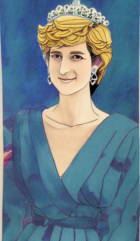 Image similar to anime llustration of princess diana, drawn by yoshitoshi abe, oil painting, washed out color,