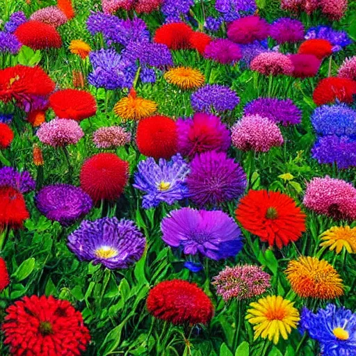 Prompt: nature background, many flowers with stunning colors, high quality art,