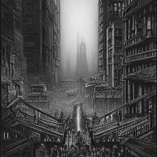 Image similar to dieselpunk city drawn by gustave dore