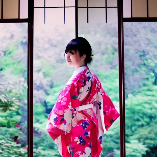 Prompt: beautiful photography of young japanese girl in half open kimono