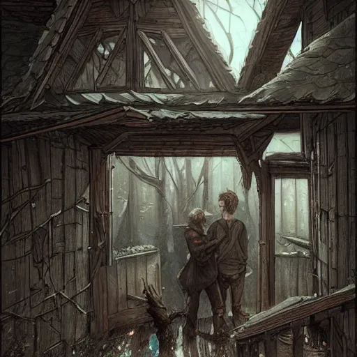 Image similar to two husbands leave each other inside broken wooden house, detailed intricate ink illustration, dark atmosphere, detailed illustration, hd, 4k, digital art, overdetailed art, concept art, by greg rutkowski, by loish, complementing colors, Trending on artstation, deviantart