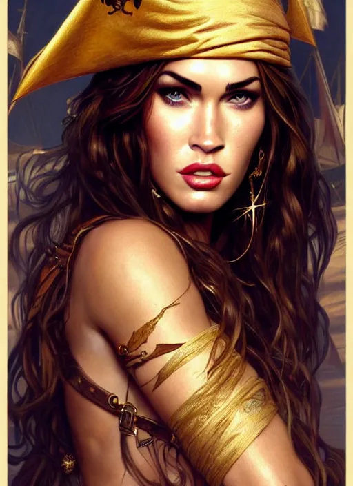 Prompt: portrait of megan fox as pirate, scarf, eyepad, gold, sails, pirates if the caribbean, intricate, headshot, highly detailed, digital painting, artstation, concept art, sharp focus, cinematic lighting, illustration, art by artgerm and greg rutkowski, alphonse mucha, cgsociety