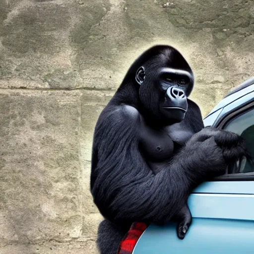 Image similar to photo of a gorilla sitting on the roof of a fiat panda