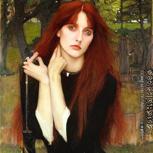 Image similar to A striking Pre-Raphaelite witch with intense eyes and jet black hair, by John Collier, by John William Waterhouse, John Everett Millais