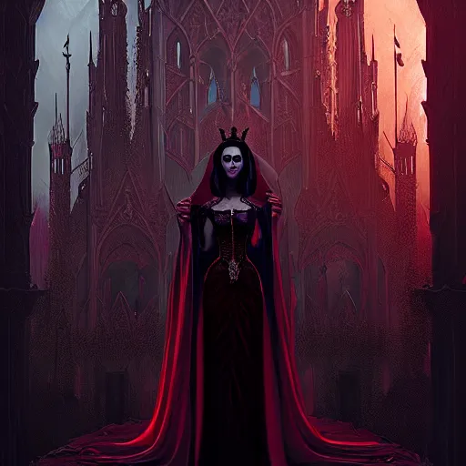 Prompt: the beautiful ageless queen of vampires dressed in an elaborate gothic gown, matte fantasy painting, detailed portrait, cinematic lighting, deviantart artstation by brom, by greg rutkowski, by alena aenami, rendered in octane, bokeh