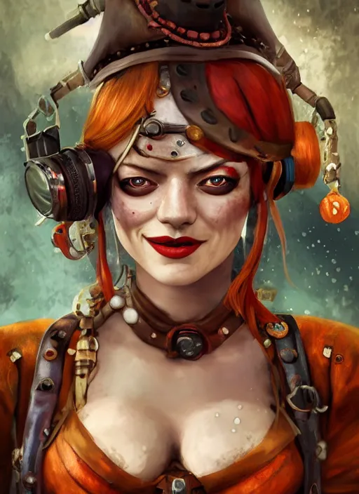 Image similar to underwater steampunk pirate portrait of emma stone as harley quinn, pretty face, hyper detailed, digital art, cinematic lighting, studio quality, smooth render, unreal engine 5, octane rendered, art style by klimt and nixeu and ian sprigger and krenz cushart.