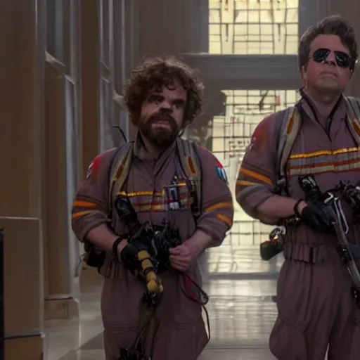 Image similar to stunning awe inspiring peter dinklage as a ghostbuster in the movie ghostbusters, movie still 8 k hdr atmospheric lighting