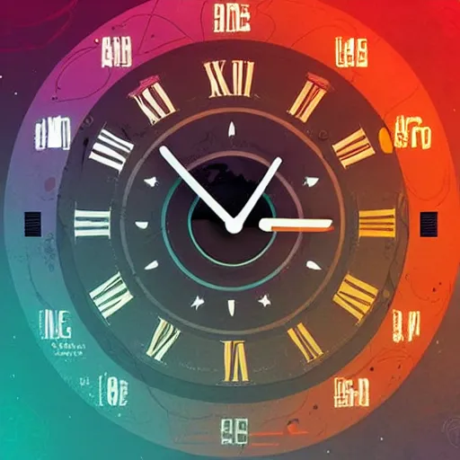 Prompt: centred clock arrow colourful scifi illustration art by tim doyle