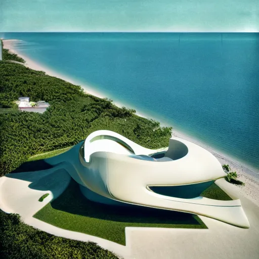 Prompt: architecture ad for a mid-century modern house by the beach, designed by Zaha Hadid. Shell. Aerial view. Film grain, cinematic, colorized, yellow hue