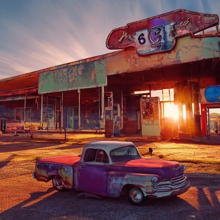 Image similar to a sunset light landscape with historical route 6 6, lots of sparkling details and sun ray ’ s, blinding backlight, smoke, volumetric lighting, colorful, octane, 3 5 mm, abandoned gas station, old rusty pickup - truck, beautiful epic colored reflections, very colorful heavenly, softlight