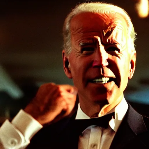 Prompt: film still, close up, joe biden rising out of water like in apocalypse now, 2 6 mm,