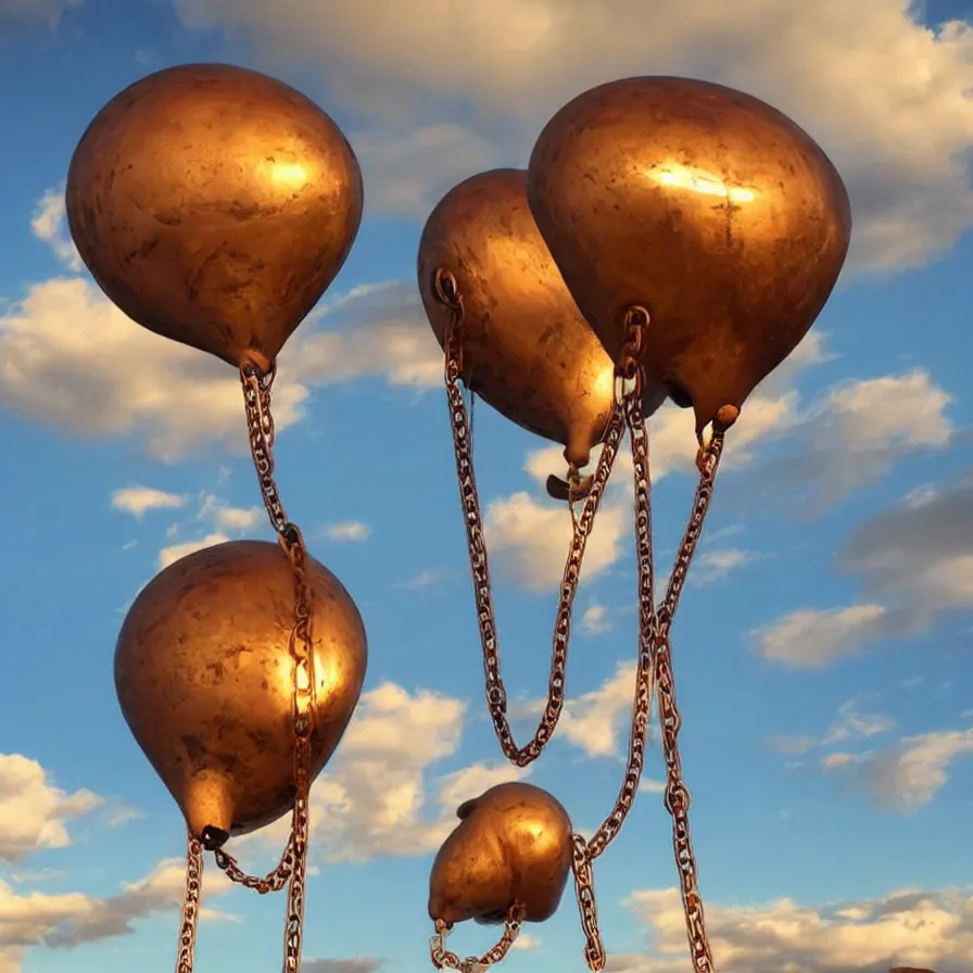 Image similar to beautiful blimps!!! high in the sky, copper chains hanging from the edges, ( ( ( steampunk styled ) ) ), ( ( golden hour ) ), steam clouds, clouds, award winning photography, highly detailed, low poly, extremely wide angle