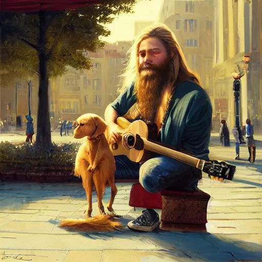 Image similar to oil painting of a young man with long hair blond and a beard hippie style with his golden retrever dog playing guitar in the square for money, people watching around, by greg rutkowski, artstation