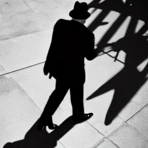 Image similar to a mysterious man in a black suit and black hat is walking towards camera. he has a pistol. strong shadows, high contrast, atmospheric