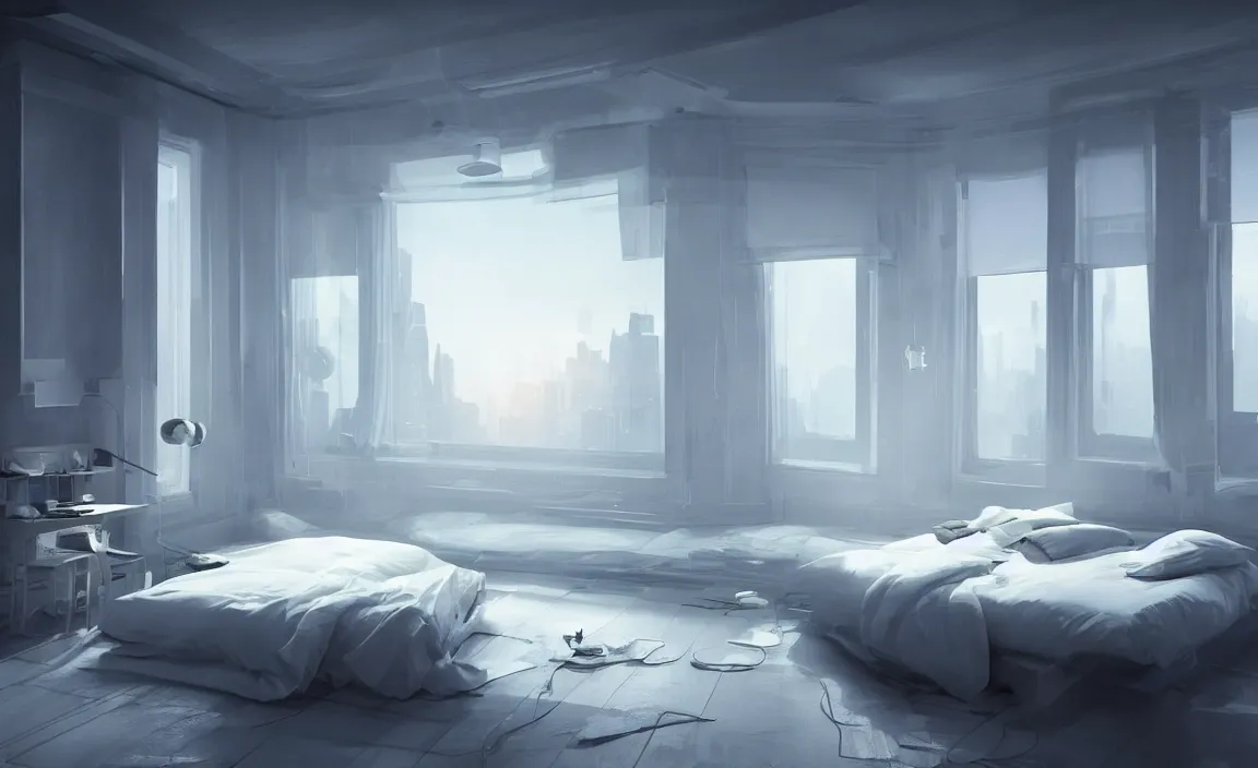 Image similar to in a bedroom, white bed, desk, computer, warm light, floor to ceiling window, the nightsky outside the window. future science fiction. game cg, hyperdetailed, trending on cgsociety