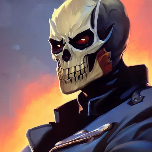 Image similar to greg manchess portrait painting of ghost rider as overwatch character, medium shot, asymmetrical, profile picture, organic painting, sunny day, matte painting, bold shapes, hard edges, street art, trending on artstation, by huang guangjian and gil elvgren and sachin teng