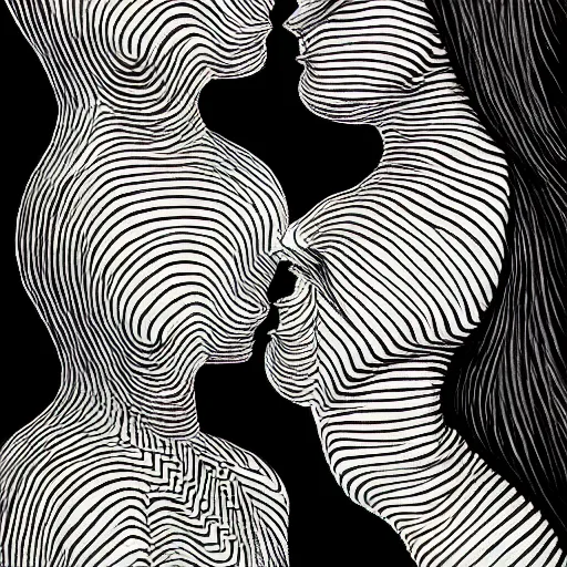 Image similar to two women kissing each other by h. r. giger and junji ito, op art with big bold patterns