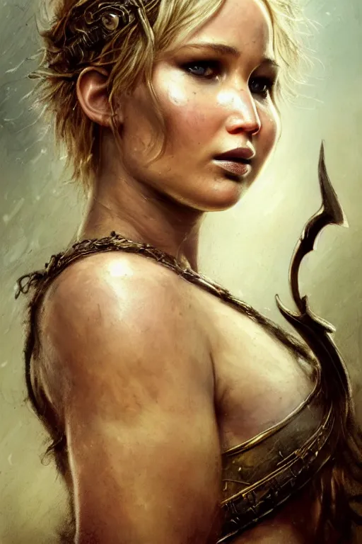 Image similar to jennifer lawrence, legendary warrior, heroic fighter, lord of the rings, tattoos, decorative ornaments, battle armor, omar ortiz, carl spitzweg, ismail inceoglu, vdragan bibin, hans thoma, greg rutkowski, alexandros pyromallis, perfect face, sharply detailed, centered, rule of thirds, realistic shading, photorealism