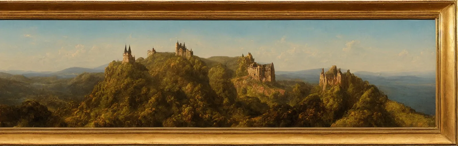 Image similar to a painting of a castle on top of a mountain, a matte painting by Charles Cundall,hudson river school, matte painting, rococo, detailed painting