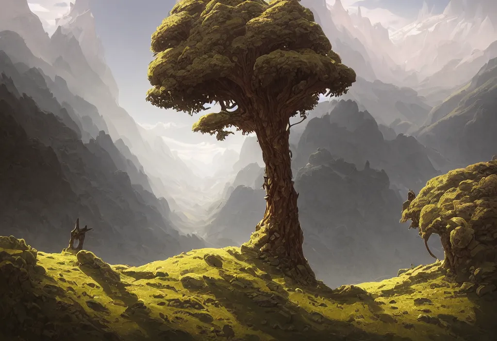 Image similar to mountain landscape without people, high trees, top of the hill, above low layered clouds, deep focus, fantasy, intricate, elegant, highly detailed, digital painting, artstation, concept art, matte, sharp focus, illustration, hearthstone, art by rhads and artgerm and greg rutkowski and alphonse mucha. gediminas pranckevicius