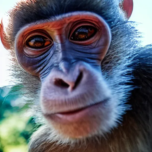 Prompt: A high-quality photo of a monkey taking a selfie in front of the human enclosure on a sunny day