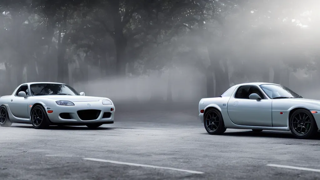 Image similar to a mazda rx - 7, cinematic, white balance, 8 k, rim lighting, led, lumen global illumination, fog, ray tracing reflections