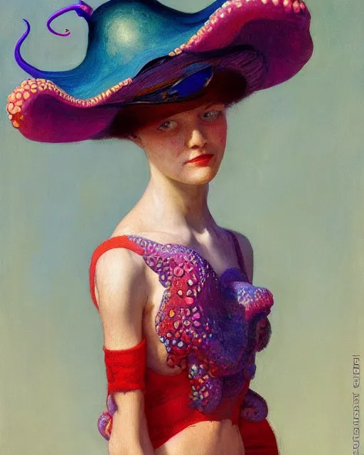 Image similar to a beautiful girl wearing a colourful octopus as a hat, painted by edgar maxence, edward hopper, wayne barlowe and james gilleard, airbrush, art by jamesjean