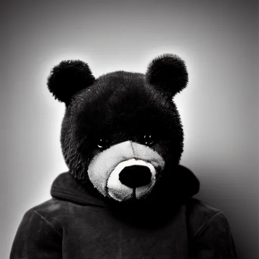 Image similar to a ( ( ( ( ( ( ( ( ( chiaroscuro lighting portrait ) ) ) ) ) ) ) ) ) ) of kanye west dressed as teddy bear mascot, black background, portrait by julia margaret cameron, shallow depth of field, 8 0 mm, f 1. 8