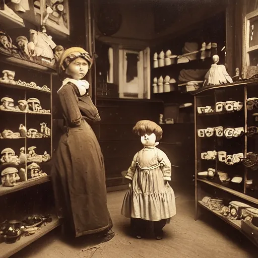 Image similar to human child standing in a victorian doll maker's shop looking at all of the dolls, 8 k, soft lighting, highly detailed realistic, face in focus 1 8 9 0's