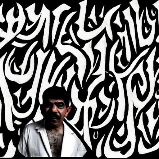 Image similar to omar souleyman in the style of daniel johnston and outsider art, 4k, overlaid with arabic letters