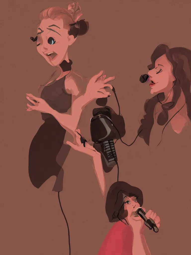 Prompt: woman singing into microphone by disney concept artists, blunt borders, rule of thirds