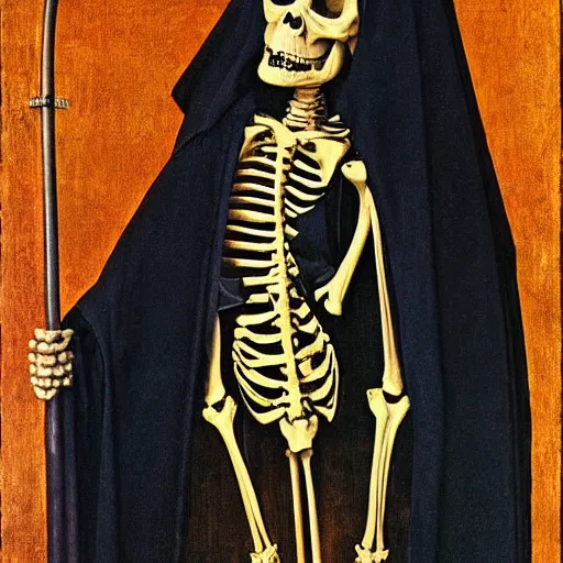 Prompt: portrait of a veiled skeleton grim reaper holding a scythe at dusk, by Jan van Eyck