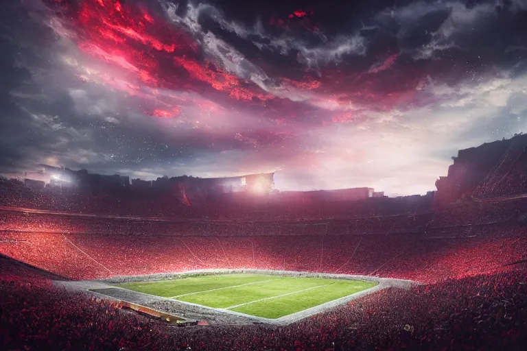 Image similar to meteors fall from the red sky down to a crumbling football stadium, crowds panic, cinematic lighting by jessica rossier, realistic, highly - detailed, 8 k, photorealistic, hyper detailed, unreal engine 5, imax quality, cinematic, epic lighting, football live, live sports