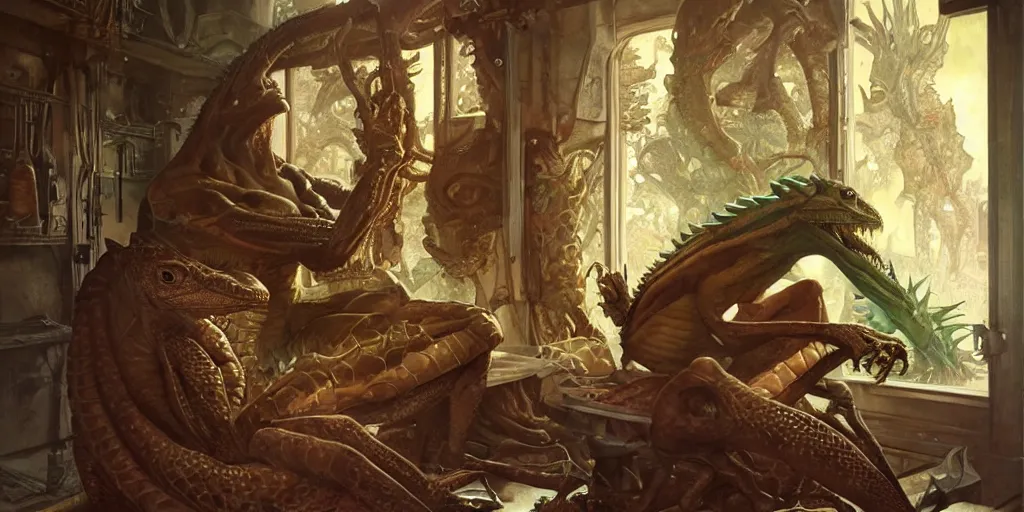 Image similar to lizardman lounging in a chair in front of an oven, fantasy, highly detailed, digital painting, concept art, matte, sharp focus, illustration by artgerm, art by greg rutkowski, art by alphonse mucha