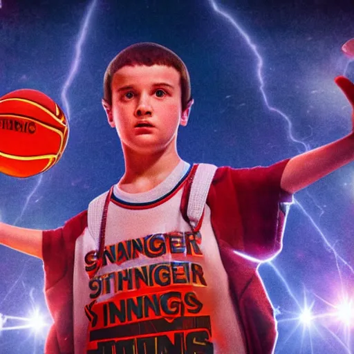 Image similar to Mike from stranger things playing basketball and making a shot in an nba stadium , close up shot, wide angle, lens flares