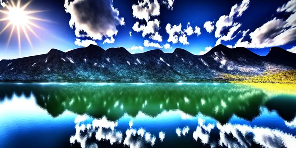 Image similar to a beautiful landscape, sun rises between two mountains, a lake in between the mountains, blue sky, cloudy, photograph, high resolution, extremely detailed, hyper realism