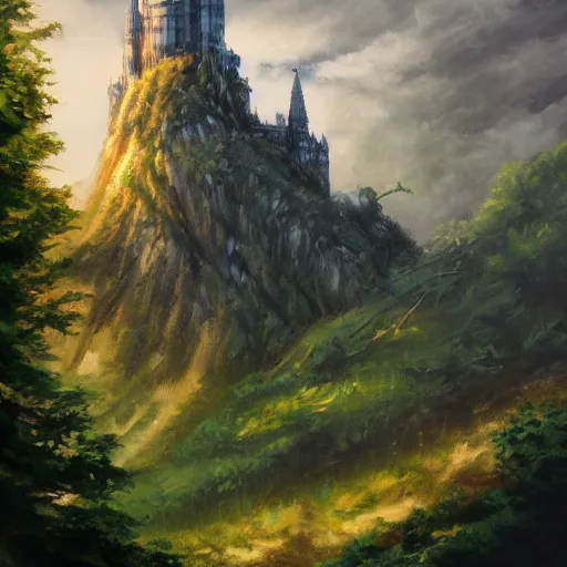 Image similar to light oil painting of tolkien inspired high castle with wizard towers and walls, elegant architecture on top of a green forest, artstation