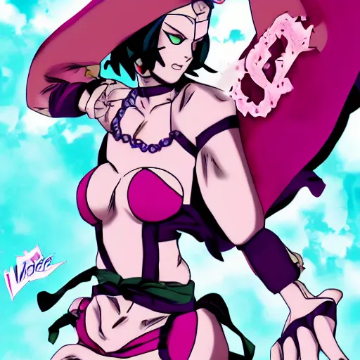 Image similar to a jojo bizarre adventures cover : Marie the mother of Jesus posing jojo style