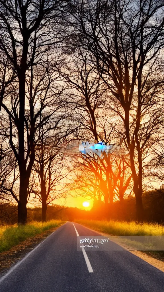 Prompt: beautiful sunset with a rural road of aligned trees, epic stock photo