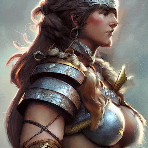 Image similar to Female barbarian closeup, D&D, fantasy, intricate, elegant, highly detailed, digital painting, trending on artstation, concept art, illustration, art by Artgerm and Greg Rutkowski and Alphonse Mucha