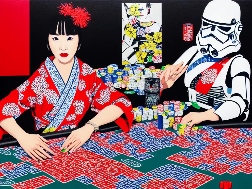 Image similar to hyperrealism composition of the detailed single woman in a japanese kimono sitting at an extremely detailed poker table with stormtrooper, fireworks, river on the background, pop - art style, jacky tsai style, andy warhol style, acrylic on canvas