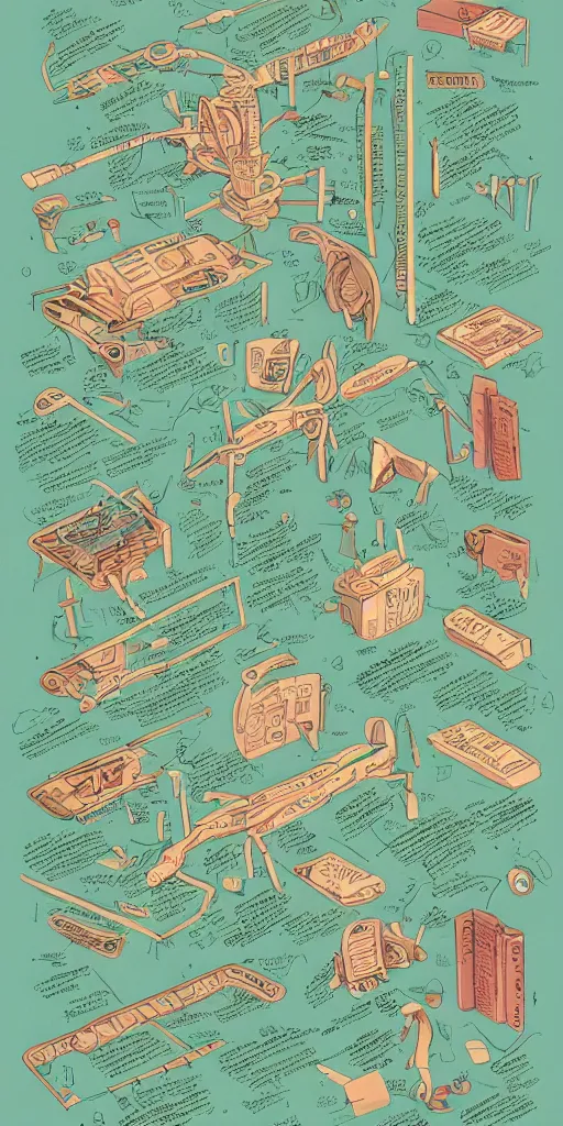 Image similar to anatomy of a futurama, diagrams, map, marginalia, sketchbook, old script, inhabited initials, pastel infographic by Wes Anderson and victo ngai