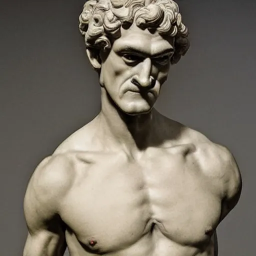 Image similar to a renaissance sculpture of a tall, muscular, handsome, gorgeous beautiful male with the face of Waluigi from Nintendo,