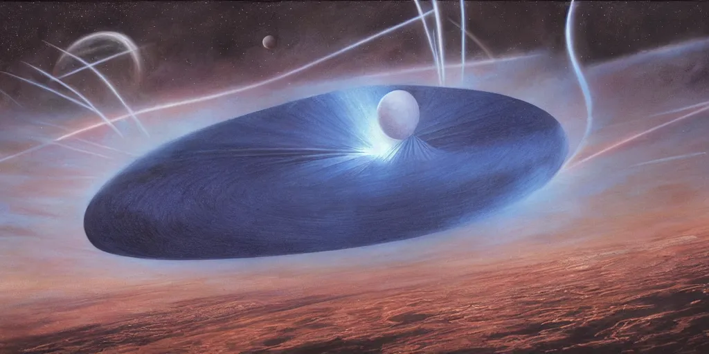 Image similar to Artwork by John Howe of the cinematic view of the Proton Disturbance Ring.