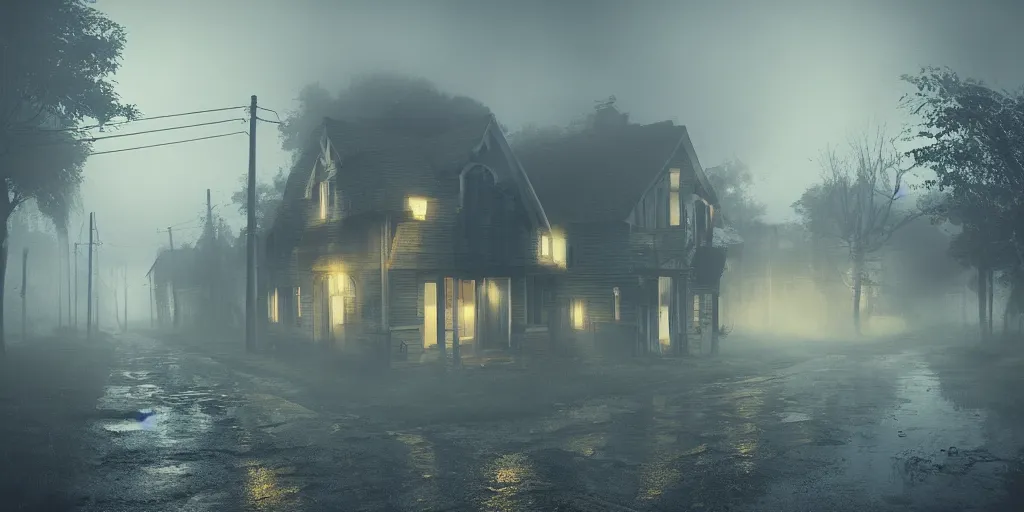 Image similar to creepy view into cul-de-sac dilapidated houses, fog, rain, volumetric lighting, beautiful, golden hour, sharp focus, highly detailed, cgsociety