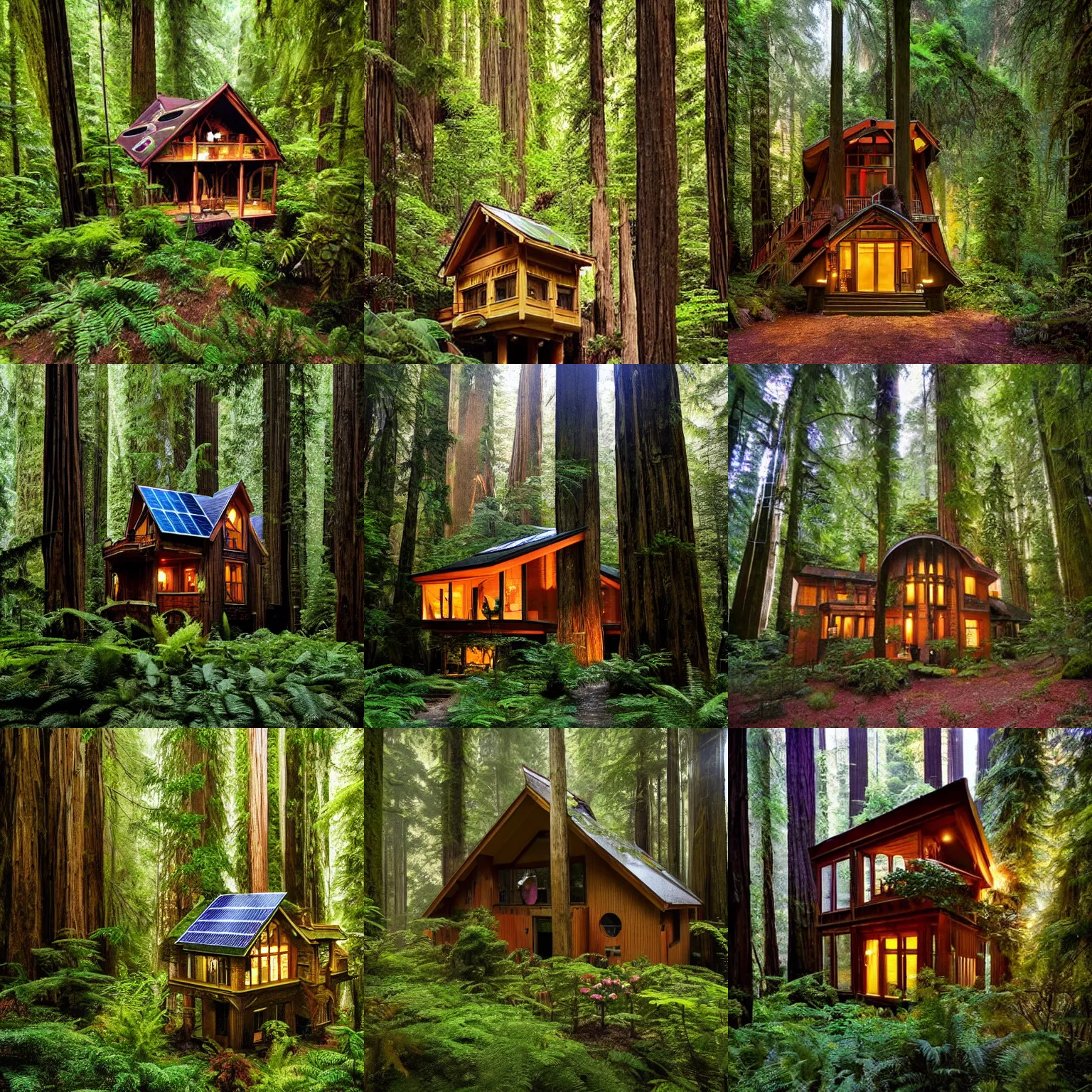 Prompt: solarpunk house, in a magical redwood forest, photo