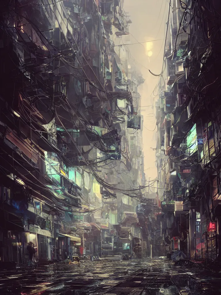 Image similar to futuristic diselpunk street, hanging cables, narrow, garbage on the ground. rain. fog, haze, evening. led screens. golden hour. volumetric lighting. cables on the ground. very messy. futuristic. photorealistic. artstation. anime. studio gimbli style