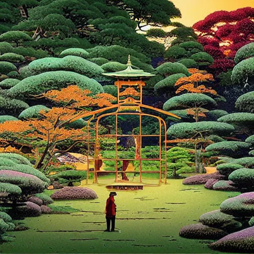 Prompt: A beautiful landscape painting of portal to another dimension in a serene kyoto garden, lit by a multidimensional sunset, ultrarealistic wideangle landscape painting, by Geof Darrow and Peter Elson