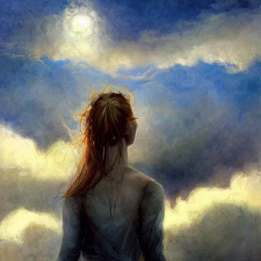 Image similar to woman stands on land that floats amongst the clouds, by jon foster